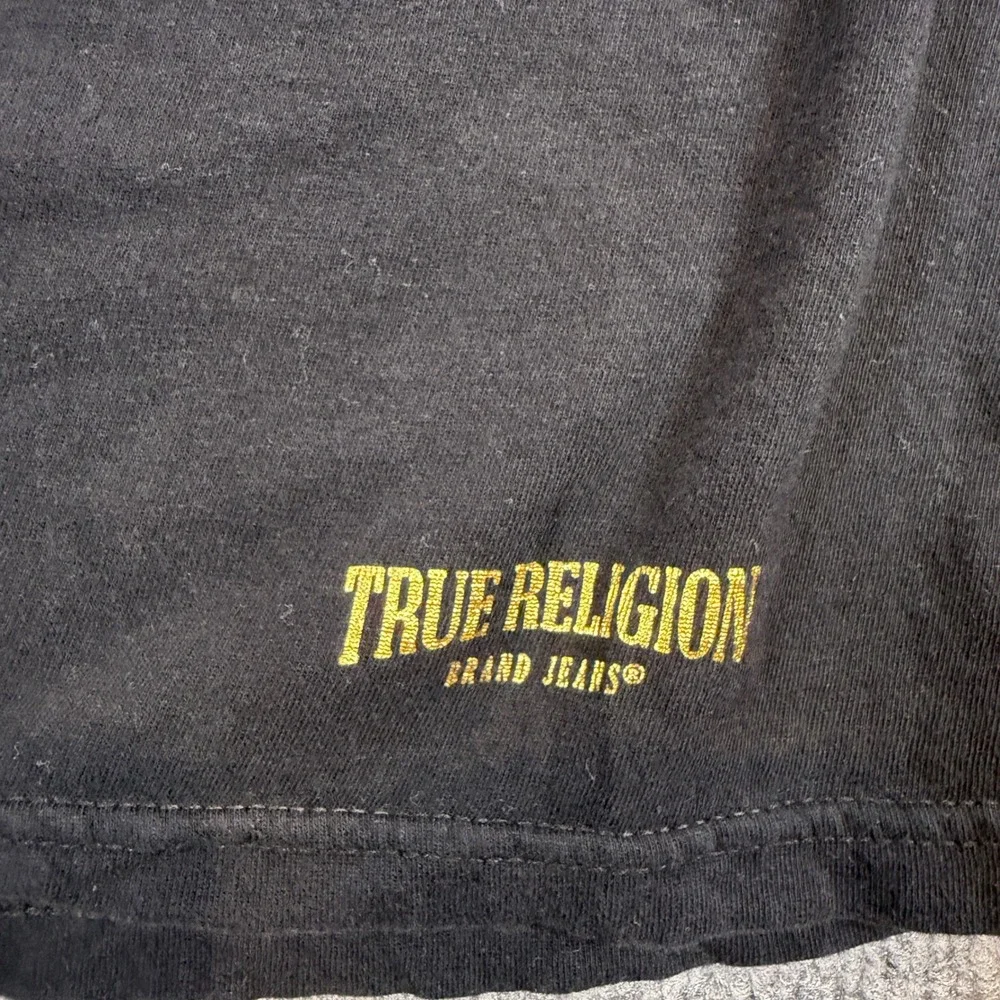 True Religion Mens Black Gold Foil Horseshoe Sleeve Logo T-Shirt Large L